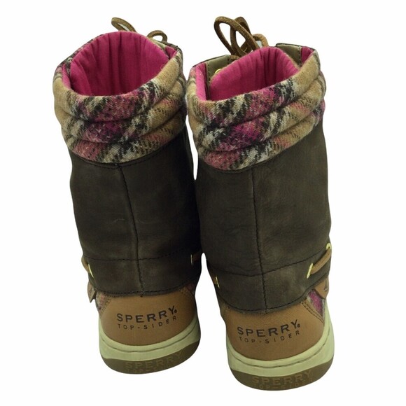 Sperry Hikerfish Top Sider Brown Leather Pink Plaid Lace Up Boots Shoes Size 7.5 - Picture 2 of 6